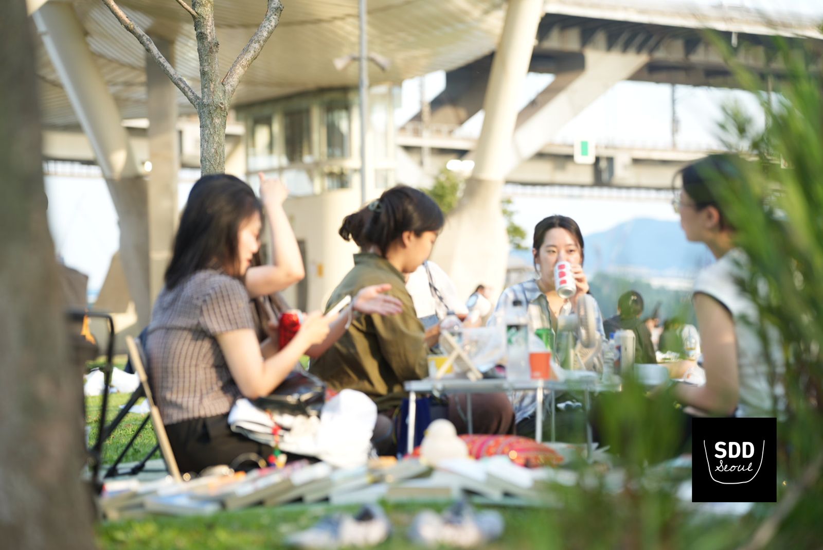 다리 아래 그늘에서 책을 펼쳐 두고 대화하는 참가자들